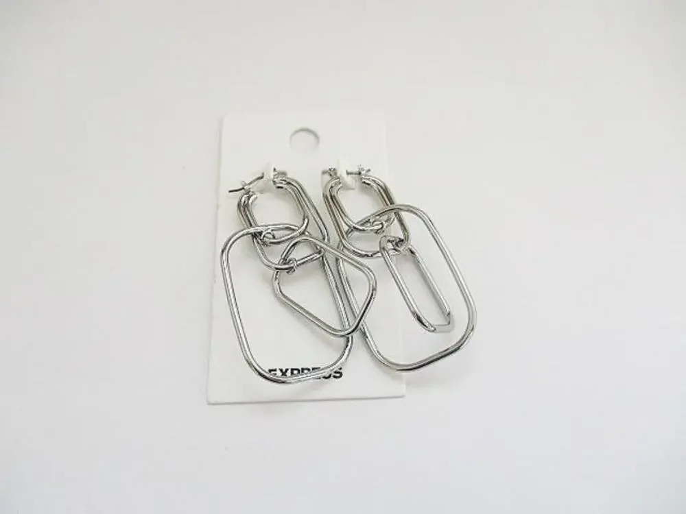2075NIP Express Silver Interlock Rectangular Earrings 2 1/2” Drop Clasp MSRP $30